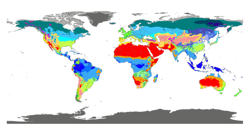 Map of the world color coded according to temperature in each location