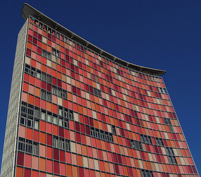 GSW headquarters building in Berlin, Germany.  The building has manually operated shading devices over the windows