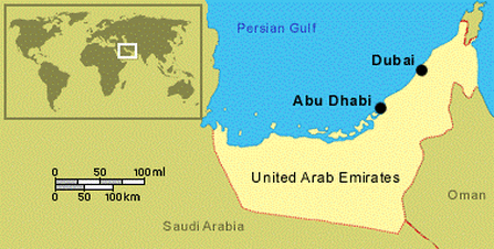 Map showing the location of Abu Dhabi, United Arab Emirates