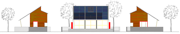 Plan, right elevation, front elevation, left elevation