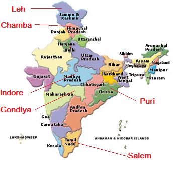 Map of India showing selected sites