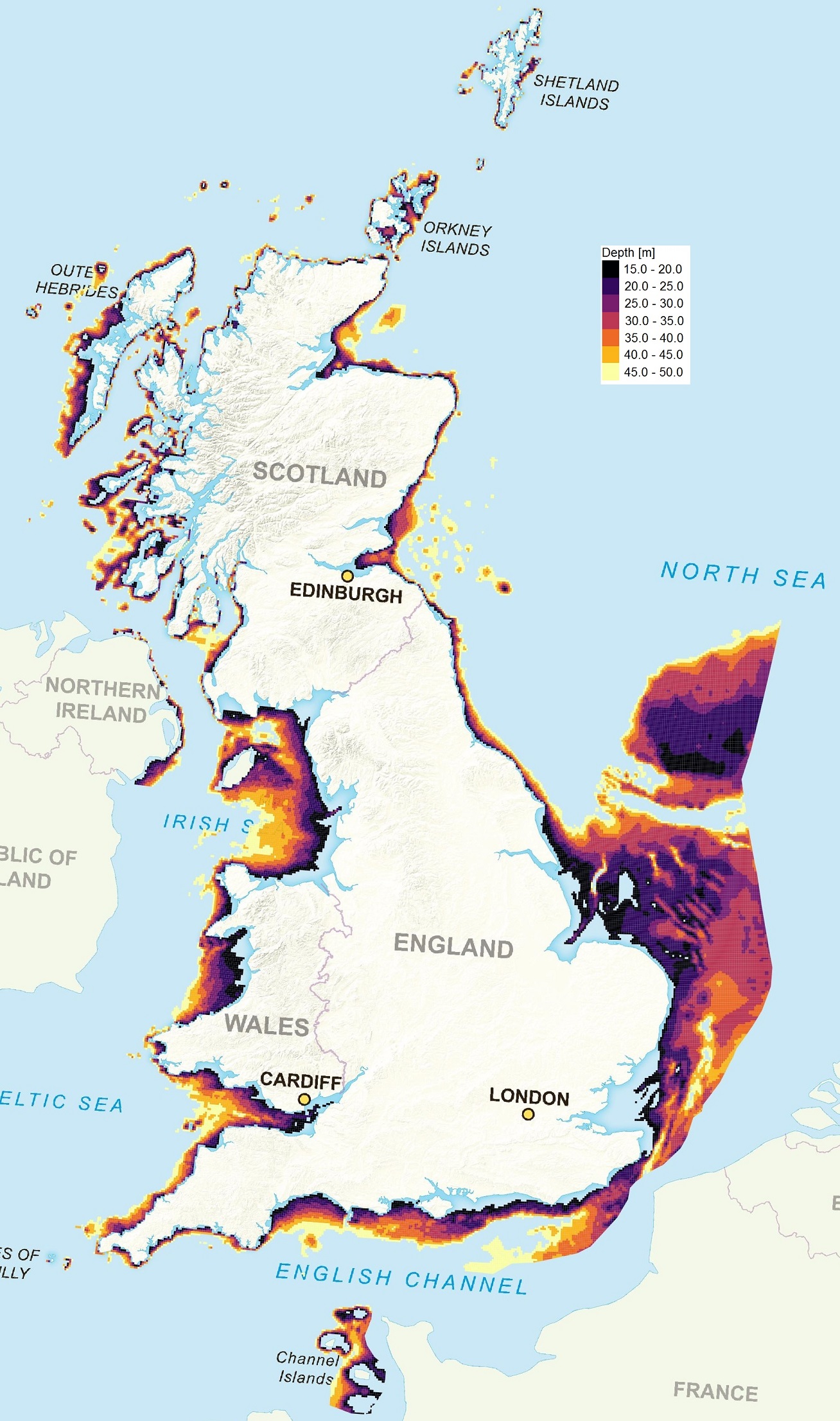 Map of depths between 15 and 50 metres