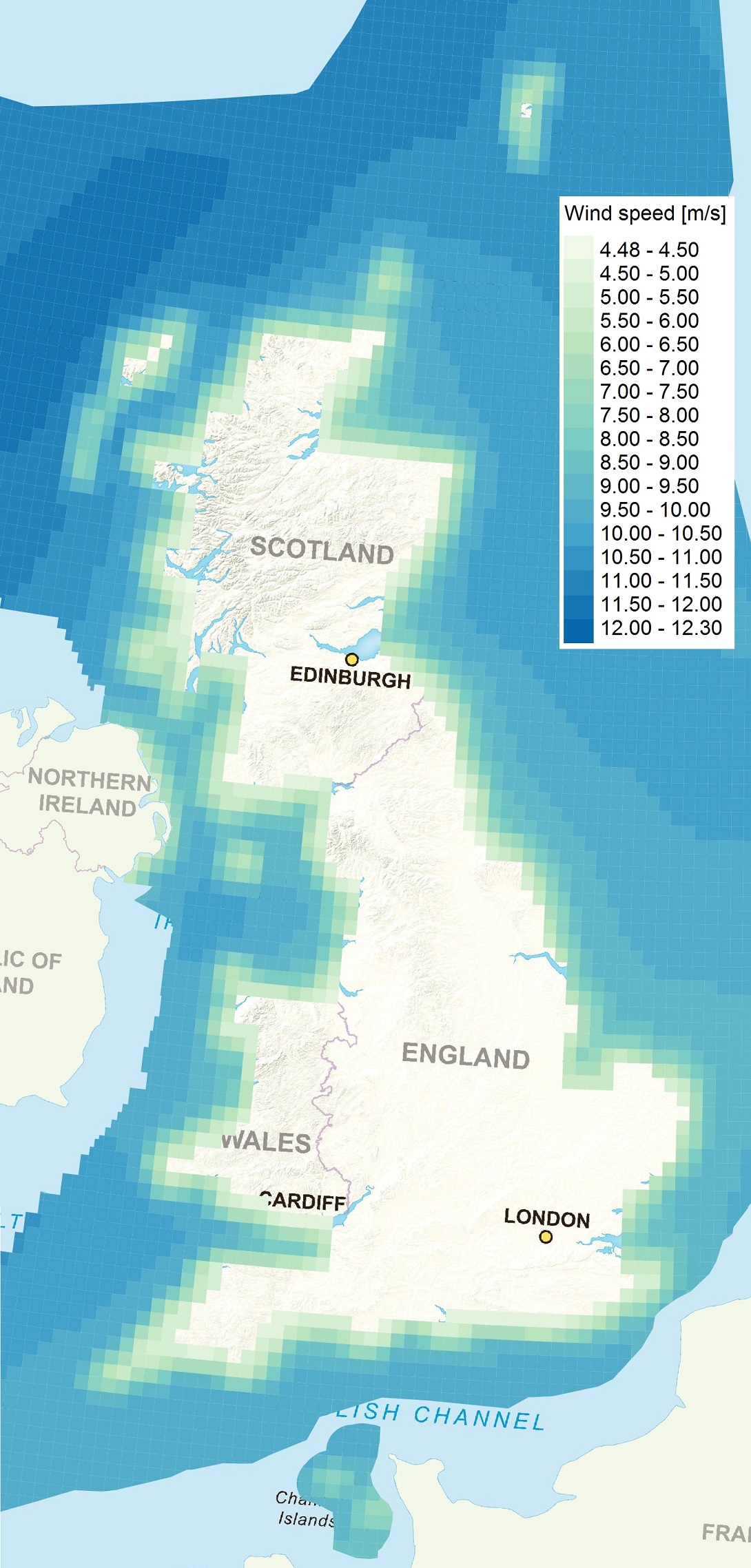 Annual mean wind speed, recorded 100 m above sea surface