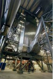 Hot combustion gases pass from the fluidised bed combustor to the boiler